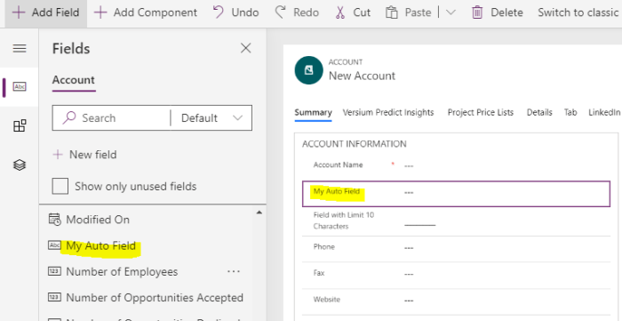 Click the field that most likely uses autonumber data type